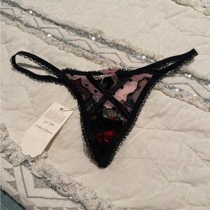 For Love & Lemons Black and Pink Embroidered Lace Thong